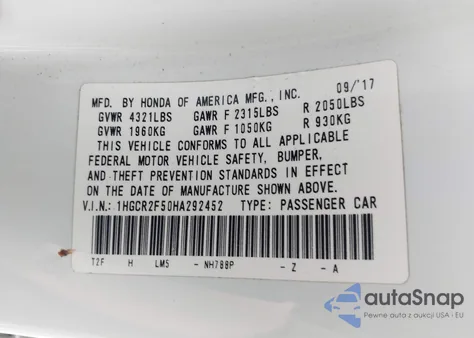 2017 Honda Accord Sport from USA, damaged, VIN 1HGCR2F50HA292452